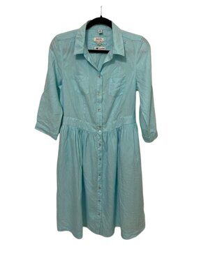 Malvin Hamburg Germany 100% Linen Shirtdress Aqua Blue Button Front Midi Size 8